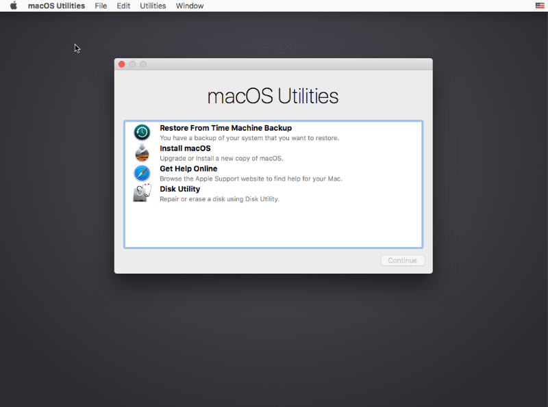 Menu d'installation de Macos Virtualbox