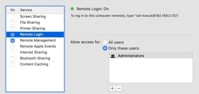 Configuration Ssh d'un ordinateur externe Mac d'accès à distance