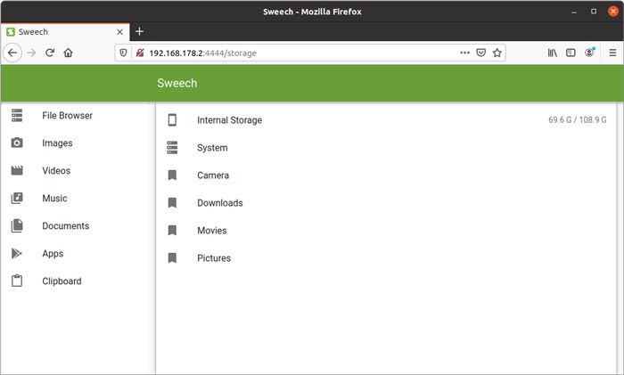 Ubuntu Android Wifi Partage de fichiers Sweech dans le navigateur PC