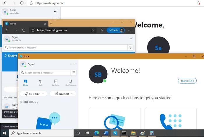 Instances Windows Navigateur anonyme Skype
