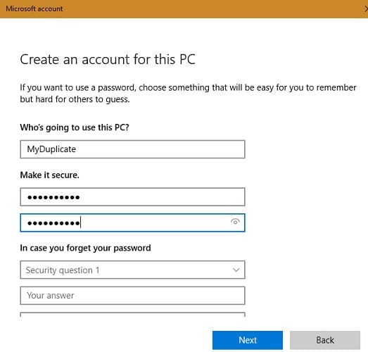 Instances Windows Créer un compte
