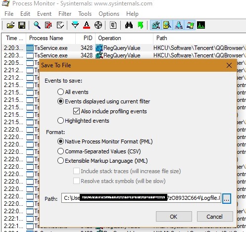 Win Process Monitor Enregistrer le fichier