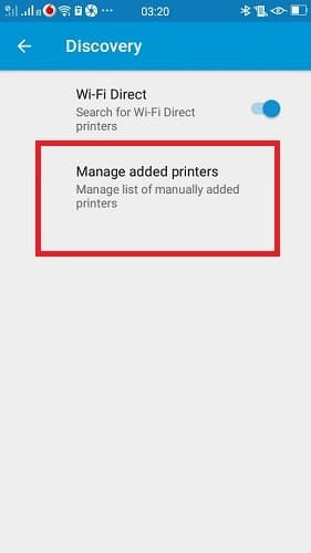 Imprimer à l'aide d'un téléphone Android Hp Service Plugin Paramètres Découverte Gérer les imprimantes ajoutées
