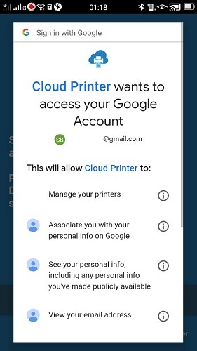 Imprimer à l'aide d'un téléphone Android Autorisations Google Cloud