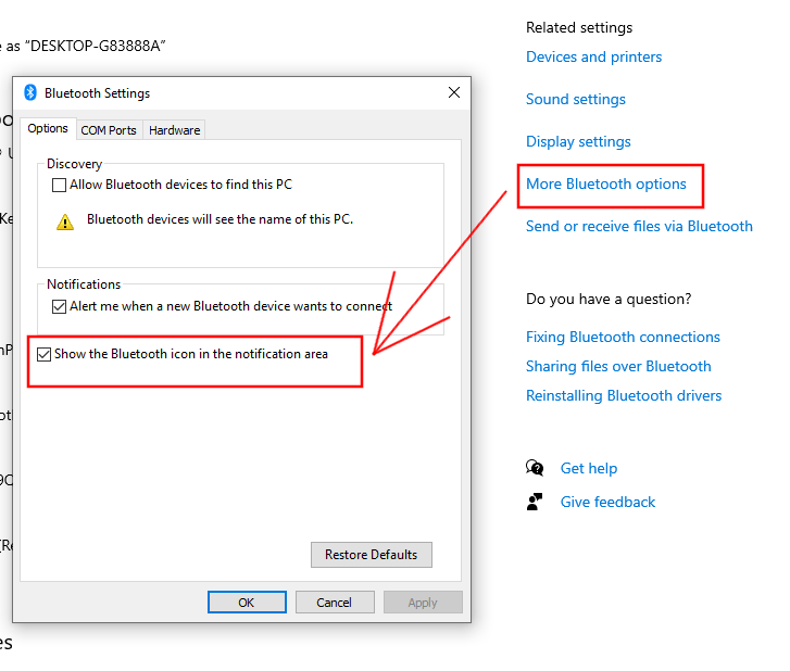 Paramètres Windows Zone de notification Bluetooth