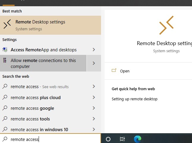 Paramètres d'accès à distance Microsoft Rd 1