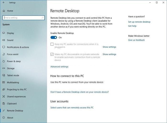 Paramètres du bureau à distance Microsoft Rd 1