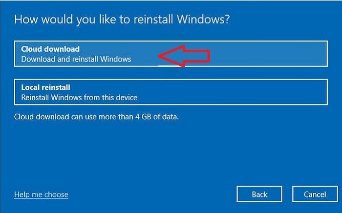 Utilisation de l'option Cloud de réinitialisation d'usine de Windows 10 Téléchargement dans le cloud