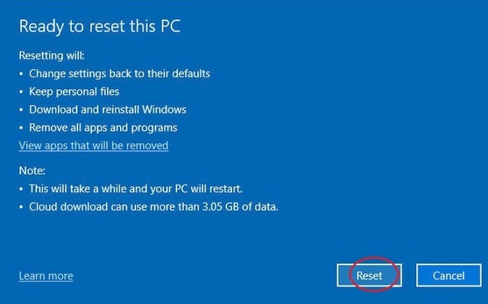 Utilisation de l'option cloud de réinitialisation d'usine de Windows 10, prête à être réinitialisée