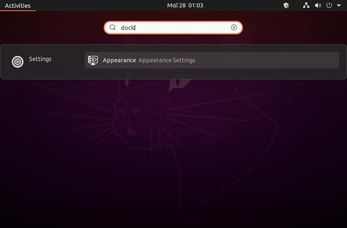 Ubuntu 2004 Masquer la barre du Dock Rechercher les options du Dock