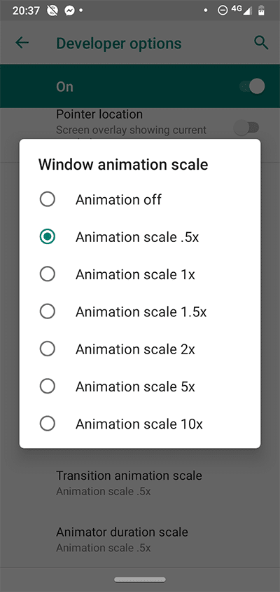 Échelle d'animation des options de développement Android