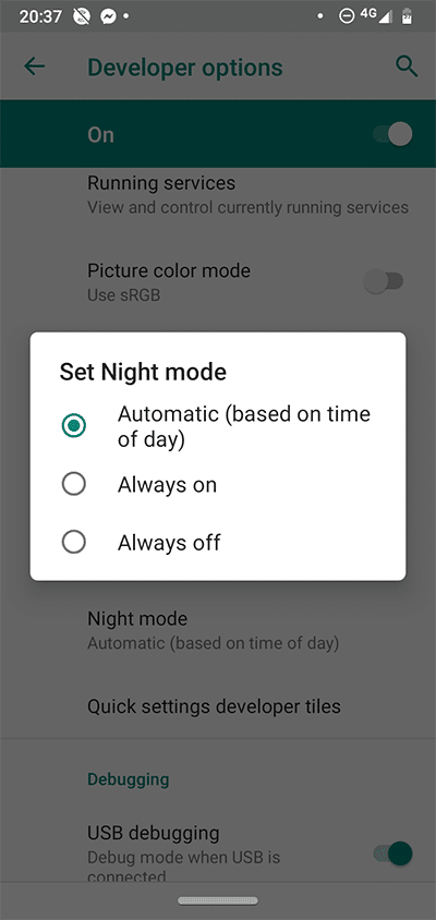 Options de développement Android Mode nuit