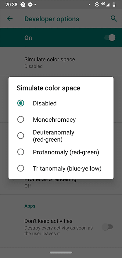 Les options de développement Android simulent l'espace colorimétrique