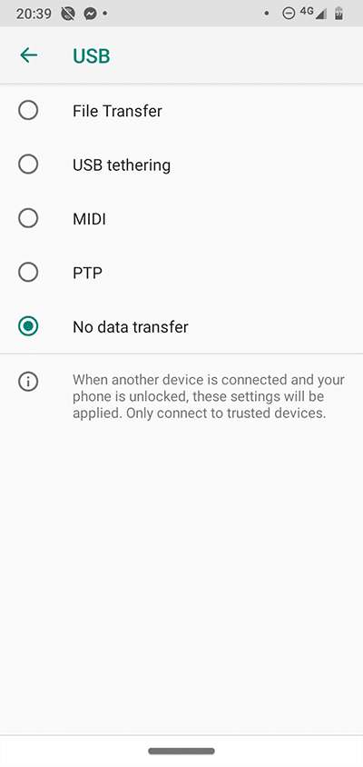 Options de développement Android Connexion USB