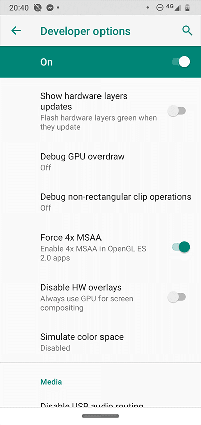 Options de développement Android 4x Msaa