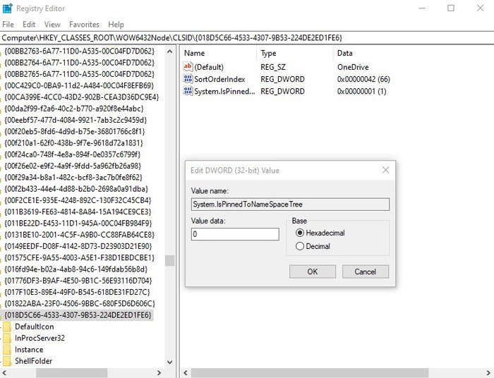 Masquer Onedrive dans l'explorateur de fichiers Windows Modifier Dword 2