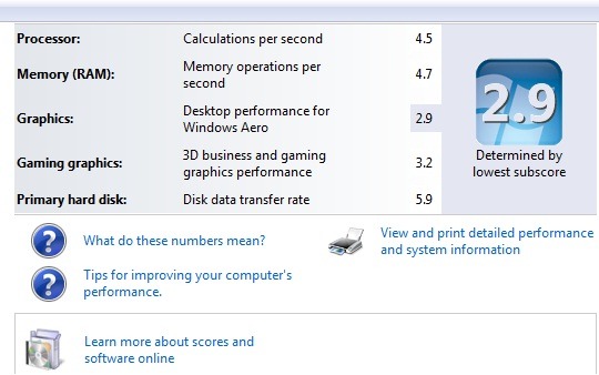 Indice d'expérience Windows 7 amélioré
