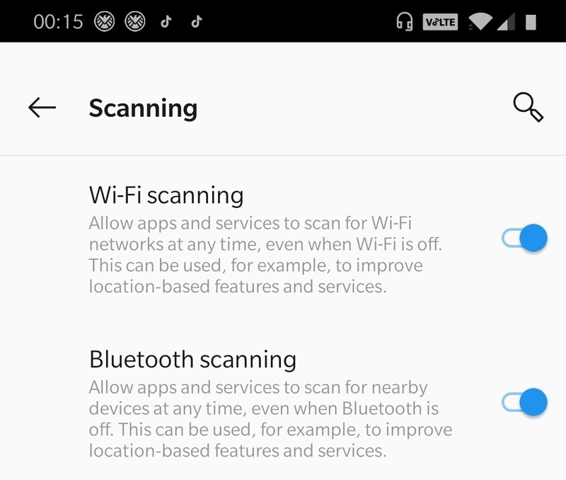 Paramètres de localisation Activer la numérisation Wi-Fi et Bluetooth