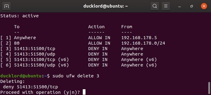 Désactiver Activer Gérer le numéro de règle de suppression du pare-feu Ubuntu