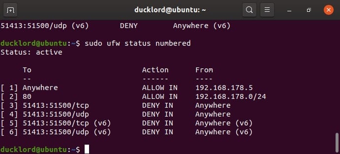 Désactiver Activer Gérer les règles d'état du pare-feu Ubuntu numérotées