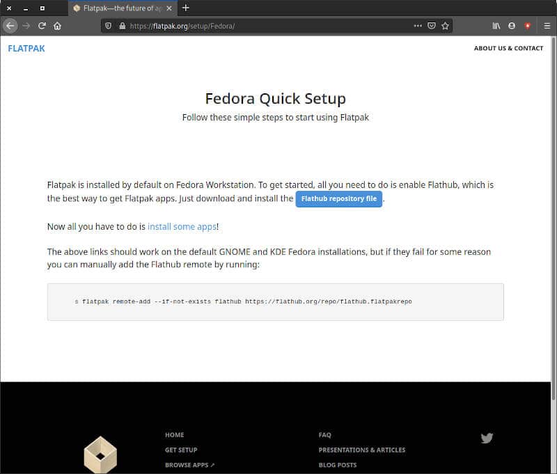 Page de configuration de Flatpak Fedora
