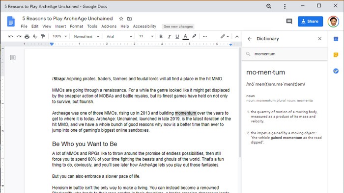 Comment rechercher des définitions de mots Windows 10 Google Docs