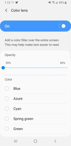Options de lentilles de couleur d'accessibilité Android