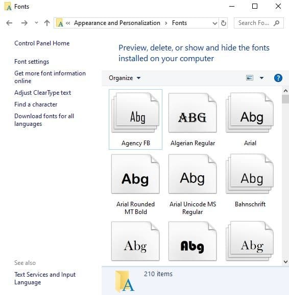 Installer Gérer les polices Panneau de configuration Windows 10