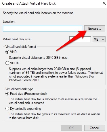 Mot de passe Protéger les fichiers Dossiers Windows 10 Créer Vhd Parcourir