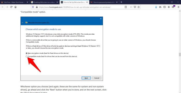 Mot de passe Protéger les fichiers Dossiers Windows 10 Bitlocker Chiffrer l'espace disque utilisé Mode compatible