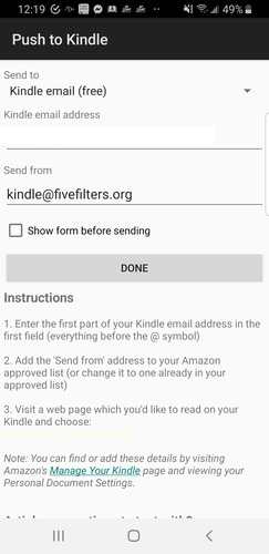 Web Android vers Kindle Push vers e-mail Kindle