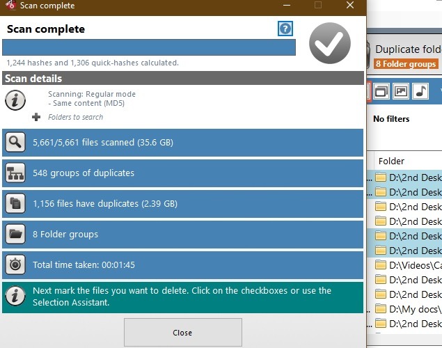 Supprimer les fichiers en double Résultats de l'analyse Windows Duplicate Cleaner Pro