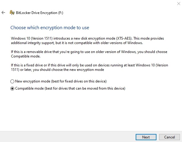 Crypter le lecteur USB Mode de cryptage Bitlocker du lecteur Windows 10