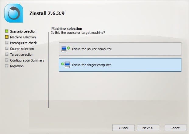 Zinstall Migration Sélectionnez l'ordinateur cible