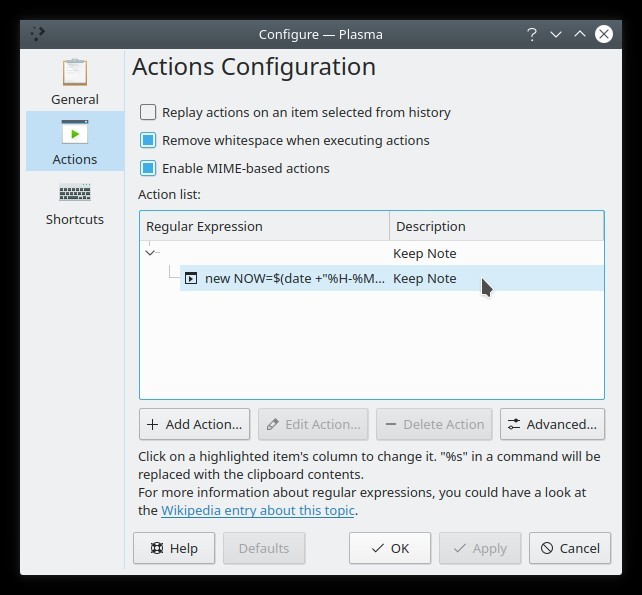 Kde Clipboard Widget Txt Notes Actions Configuration