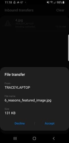 Transfert de fichiers Capture d'écran Accepter le transfert
