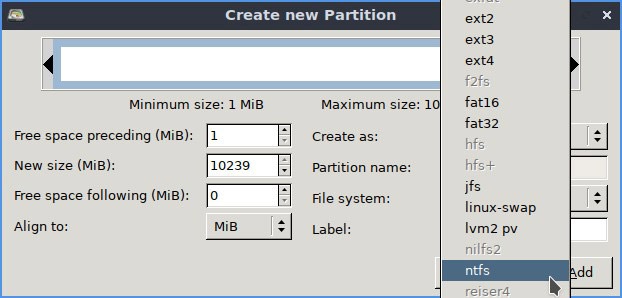 Paramètres de partition au format Linux Ntfs