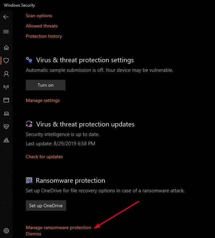 Activer la protection contre les ransomwares Protection contre les menaces de virus Windows Defender Protection contre les ransomwares Gérer la protection contre les ransomwares