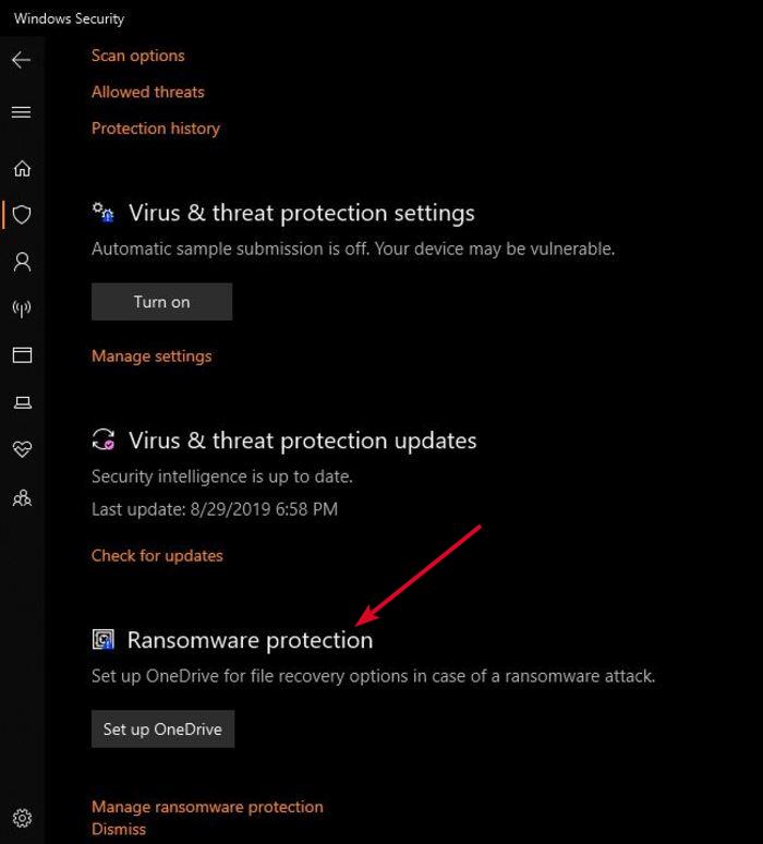Activer la protection contre les ransomwares Protection contre les menaces de virus Windows Defender Protection contre les ransomwares