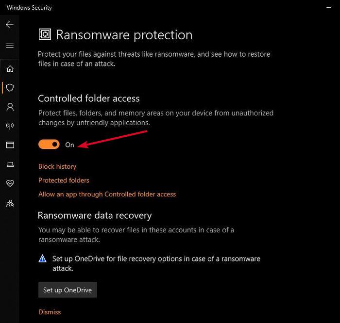 Activer la protection contre les ransomwares Protection contre les ransomwares Windows Defender Gérer l'accès contrôlé aux dossiers activé