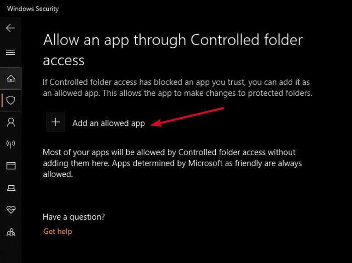 Activer la protection contre les ransomwares Accès aux dossiers contrôlés Windows Defender Autoriser l'application via Ajouter une application