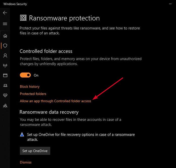 Activer la protection contre les ransomwares Accès aux dossiers contrôlés Windows Defender Autoriser l'application via