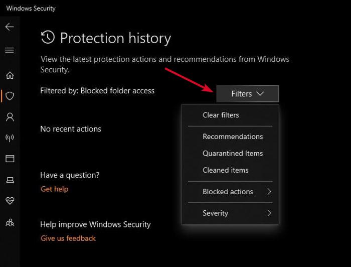 Activer la protection contre les ransomwares Protection contre les ransomwares Windows Defender Gérer les filtres d'historique de blocage d'accès aux dossiers contrôlés