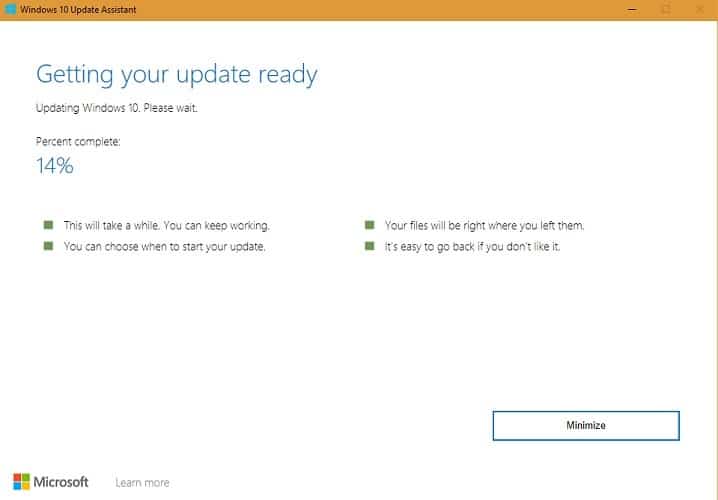 Assistant de mise à jour Windows 10 Préparation des mises à jour 14% Stage3