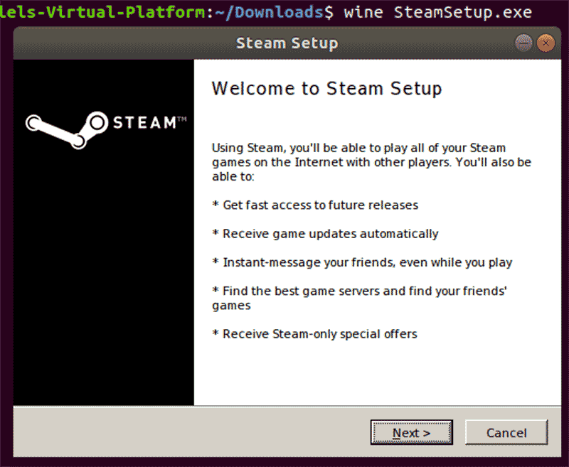 Programme d'installation de Linux Wine Steam