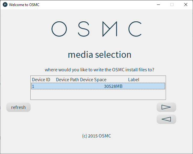 Menu de sélection des médias de l'installateur Osmc
