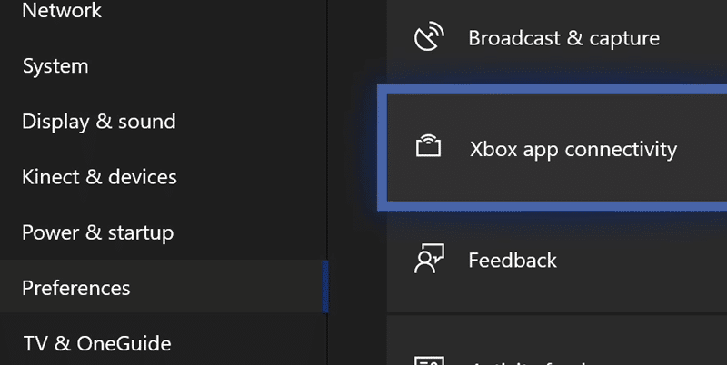 Connectivité de l'application des préférences Xbox