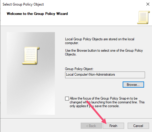 Stratégie de groupe Windows non administrateur Cliquez sur Terminer
