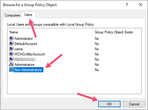 Stratégie de groupe Windows Non Admin Sélectionnez Non Administrateurs