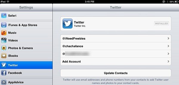Le menu Twitter dans les paramètres iOS.